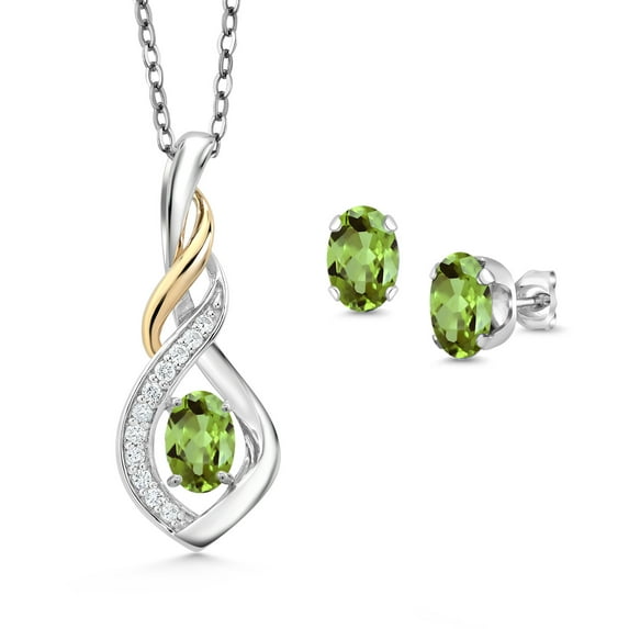 Gem Stone King 925 Silver and 10K Yellow Gold Green Peridot and White Lab Grown Diamond Pendant and Earrings Jewelry Set for Women (1.58 Cttw, Gemstone August Birthstone, with 18 inch Chain)