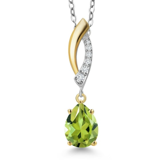 Gem Stone King 925 Silver and 10K Yellow Gold Green Peridot and White Lab Grown Diamond Pendant Necklace for Women | 1.12 Cttw | Gemstone August Birthstone | Pear Shape 8X6MM | With 18 inch Chain