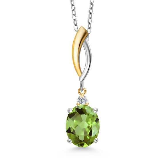 Gem Stone King 925 Silver and 10K Yellow Gold Green Peridot and White Lab Grown Diamond Pendant Necklace for Women | 2.87 Cttw | Gemstone August Birthstone | Oval 10X8MM | With 18 inch Chain