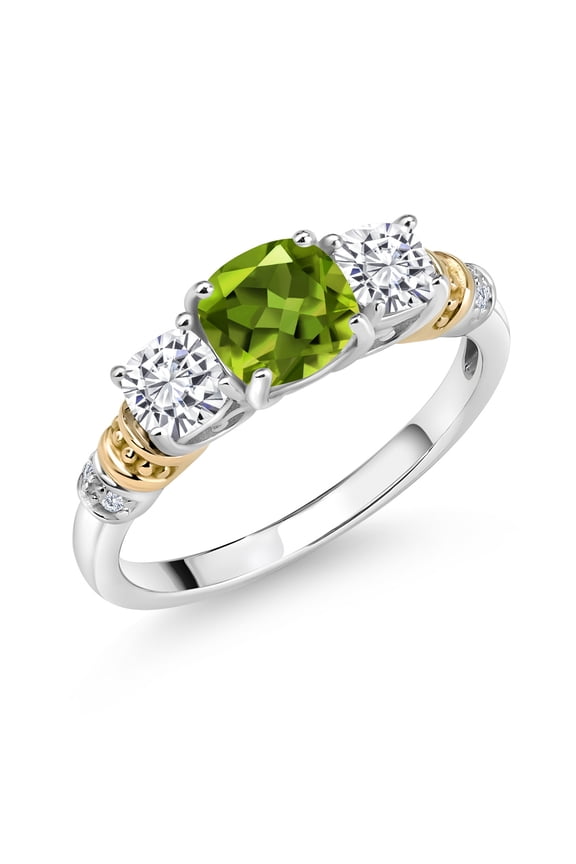 925 Silver and 10K Yellow Gold Green Peridot and White Moissanite and Diamond 3-Stone Ring for Women (1.52 Cttw, Gemstone August Birthstone, Cushion 6MM and 4MM, Size 8)