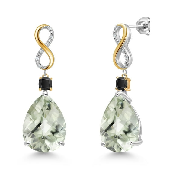 Gem Stone King 925 Silver and 10K Yellow Gold Green Prasiolite and Black Onyx and White Lab Grown Diamond Earrings for Women | 25.32 Cttw | Gemstone | Pear Shape Checkerboard 18X13MM