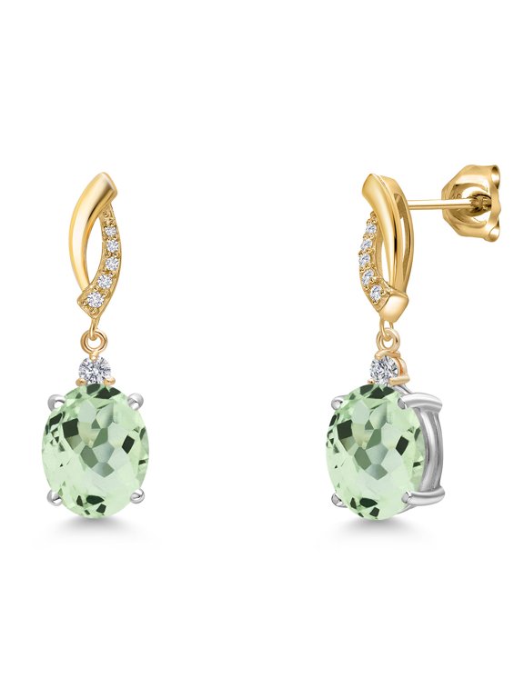 925 Silver and 10K Yellow Gold Green Prasiolite and Lab Grown Diamond Dangle Earrings for Women | 4.99 Cttw | Gemstone Birthstone | Oval 10X8MM