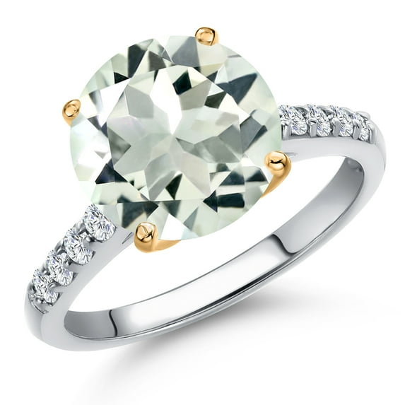 Gem Stone King 925 Silver and 10K Yellow Gold Green Prasiolite and Lab Grown Diamond Engagement Ring for Women | 3.27 Cttw | Round 10MM | Gemstone Birthstone | Size 9