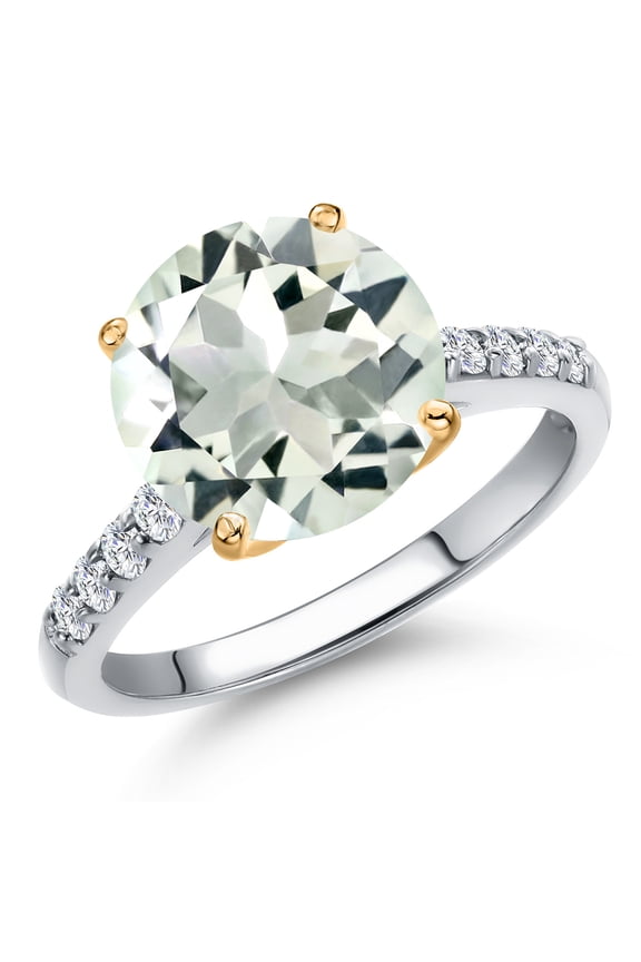 925 Silver and 10K Yellow Gold Green Prasiolite and Lab Grown Diamond Engagement Ring for Women | 3.27 Cttw | Round 10MM | Gemstone Birthstone | Size 9