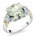 thumbnail image 1 of Gem Stone King 925 Silver and 10K Yellow Gold Green Prasiolite and Moissanite 3 Stone Ring for Women (4.21 Cttw, Gemstone Birthstone, Cushion 10MM, Round 4MM, Size 7), 1 of 3