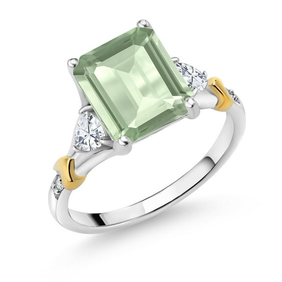Gem Stone King 925 Silver and 10K Yellow Gold Green Prasiolite and Moissanite and Diamond Engagement Ring for Women (3.24 Cttw, Emerald Cut 10X8MM, Trillion 3.5MM, Size 8)