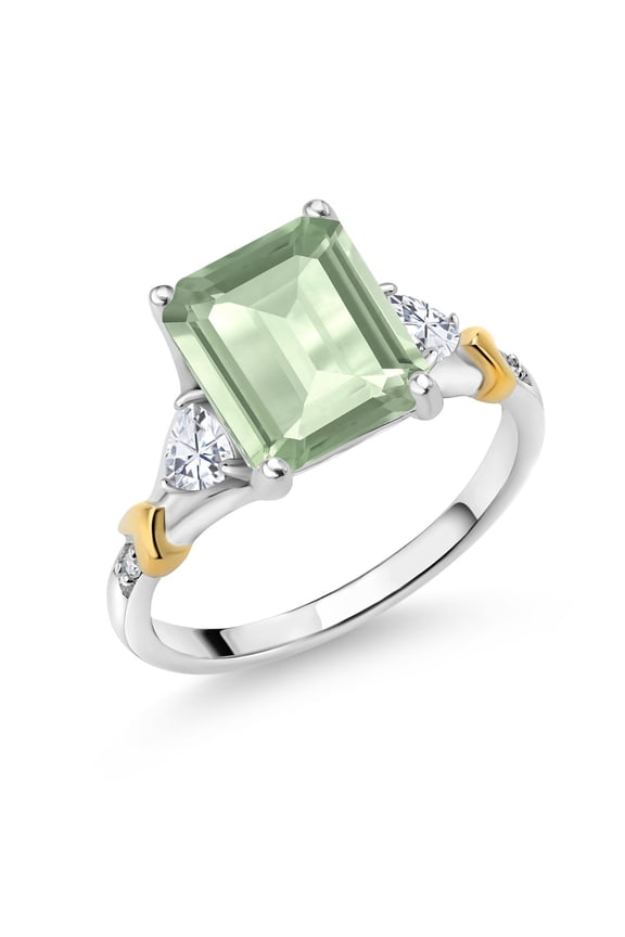 925 Silver and 10K Yellow Gold Green Prasiolite and Moissanite and Diamond Engagement Ring for Women (3.24 Cttw, Emerald Cut 10X8MM, Trillion 3.5MM, Size 7)