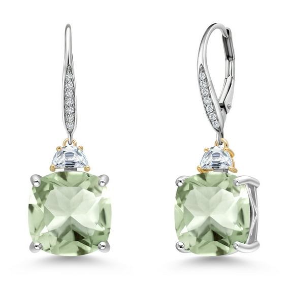 Gem Stone King 925 Silver and 10K Yellow Gold Green Prasiolite and Moissanite and Lab Grown Diamond Dangle Earrings for Women | 13.46 Cttw | Gemstone | Cushion 12MM