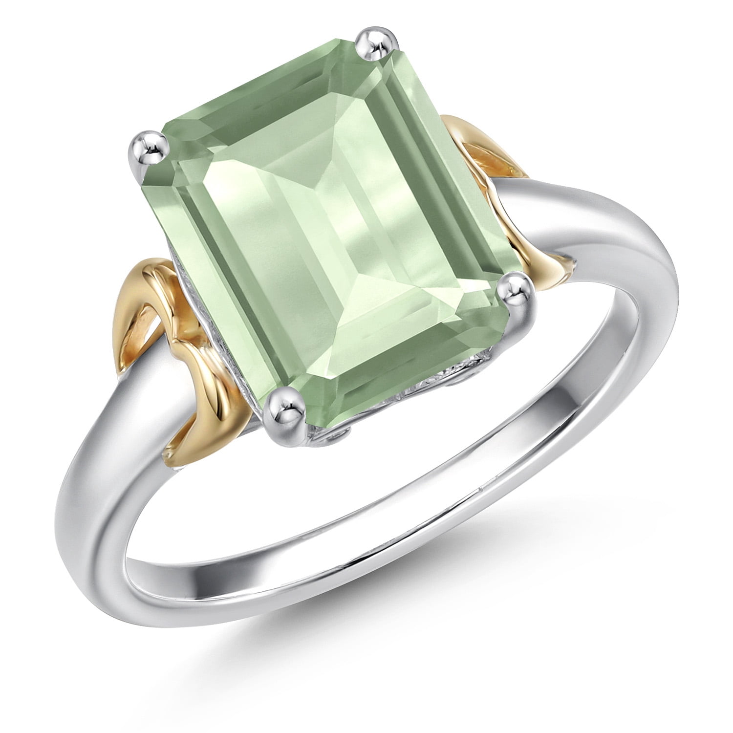 Gem Stone King 925 Silver and 10K Yellow Gold Green Prasiolite Solitaire Engagement Ring for Women | 2.90 Cttw | Octagon 10X8MM | Gemstone Birthstone | Size 5
