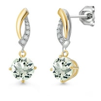 Gem Stone King 925 Silver and 10K Yellow Gold Green Prasiolite and White Lab Grown Diamond Dangle Earrings for Women | 1.65 Cttw | Gemstone Birthstone | Round 6MM