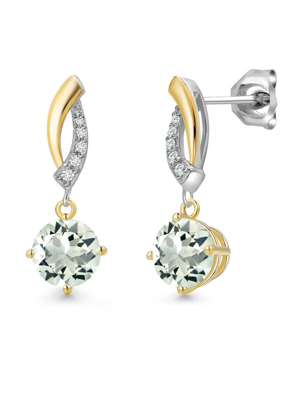 925 Silver and 10K Yellow Gold Green Prasiolite and White Lab Grown Diamond Dangle Earrings for Women | 1.65 Cttw | Gemstone Birthstone | Round 6MM