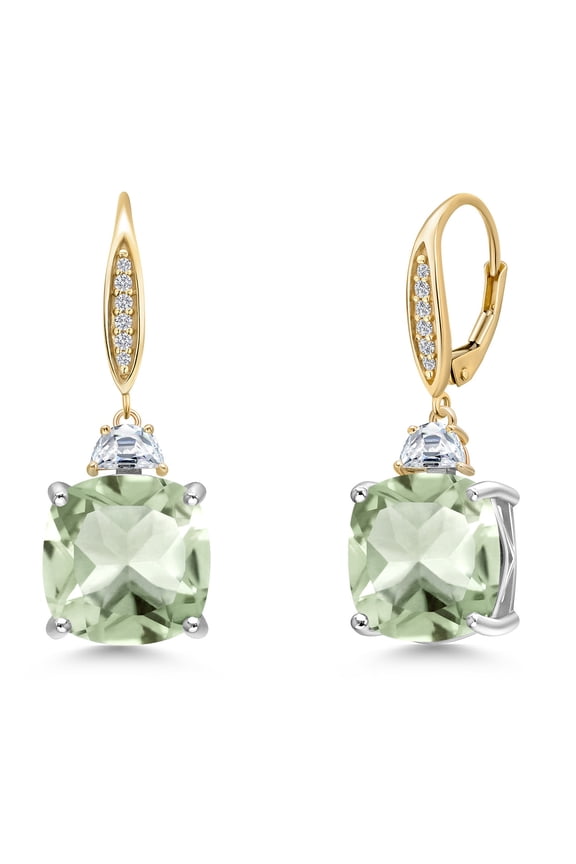 925 Silver and 10K Yellow Gold Green Prasiolite and White Moissanite and Lab Grown Diamond Dangle Earrings for Women | 13.58 Cttw | Gemstone Birthstone | Cushion 12MM