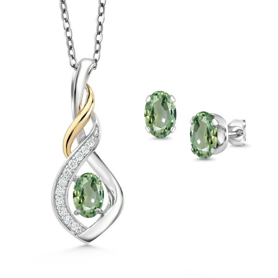 Gem Stone King 925 Silver and 10K Yellow Gold Green Sapphire and White Lab Grown Diamond Pendant and Earrings Jewelry Set for Women (1.73 Cttw, Gemstone September Birthstone, with 18 inch Chain)