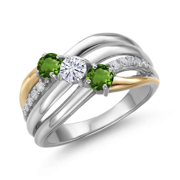 Gem Stone King 925 Silver and 10K Yellow Gold Green Tourmaline and Moissanite and Lab Grown Diamond Engagement Ring for Women | 0.88 Cttw | October Birthstone | Size 7