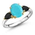thumbnail image 1 of Gem Stone King 925 Silver and 10K Yellow Gold Green Turquoise and Black Onyx Engagement Ring for Women | 2.26 Cttw | Oval 9X7MM | Gemstone Birthstone | Size 8, 1 of 6