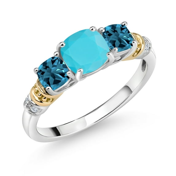 Gem Stone King 925 Silver and 10K Yellow Gold Green Turquoise and London Blue Topaz and Diamond 3-Stone Ring for Women (1.63 Cttw, Gemstone Birthstone, Cushion 6MM and 4MM, Size 6)