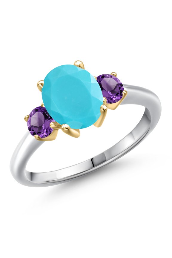 925 Silver and 10K Yellow Gold Green Turquoise and Purple Amethyst Engagement Ring for Women | 2.00 Cttw | Oval 9X7MM | Gemstone Birthstone | Size 5