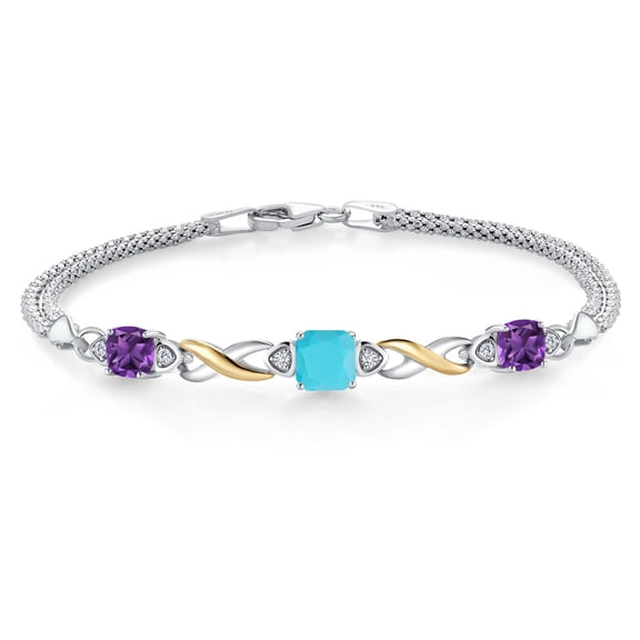 Gem Stone King 925 Silver and 10K Yellow Gold Green Turquoise and Purple Amethyst and White Lab Grown Diamond Bracelet for Women (2.07 Cttw, Gemstone, Cushion 6MM, 6.5 inches, Made in Italy)
