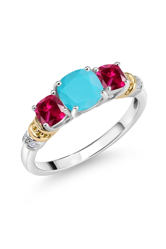 925 Silver and 10K Yellow Gold Green Turquoise and Red Created Ruby and Diamond 3-Stone Ring for Women (1.66 Cttw, Gemstone Birthstone, Cushion 6MM and 4MM, Size 9)