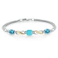 thumbnail image 1 of Gem Stone King 925 Silver and 10K Yellow Gold Green Turquoise and Swiss Blue Topaz and White Lab Grown Diamond Bracelet for Women (2.29 Cttw, Gemstone, Cushion 6MM, 7 inches, Made in Italy), 1 of 4
