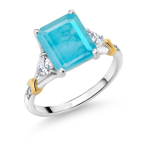 Gem Stone King 925 Silver and 10K Yellow Gold Green Turquoise and White Moissanite and Diamond Engagement Ring for Women (2.64 Cttw, Emerald Cut 10X8MM, Trillion 3.5MM, Size 7)