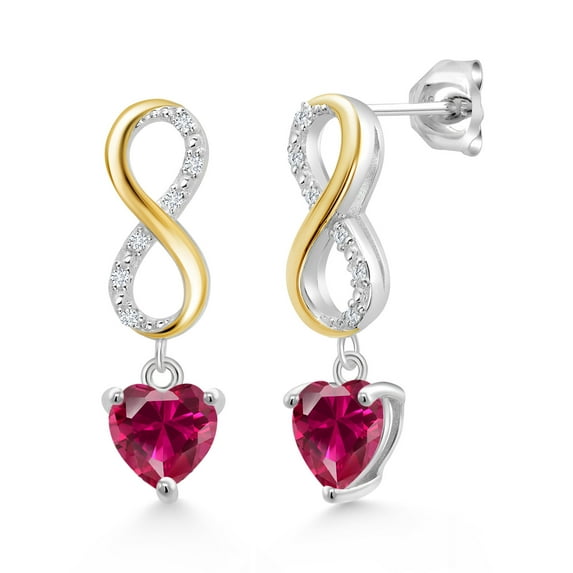 Gem Stone King 925 Silver and 10K Yellow Gold Heart Shape 6MM Red Created Ruby and White Lab Grown Diamond Infinity Dangle Earrings for Women By Keren Hanan (1.98 Cttw)