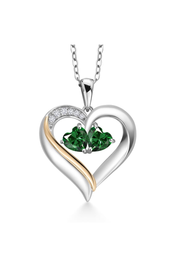 925 Silver and 10K Yellow Gold Heart Shape Lab Grown Diamond Pendant Necklace for Women with Green Nano Emerald (1.03 Cttw, Double Heart, 18 inch Chain)