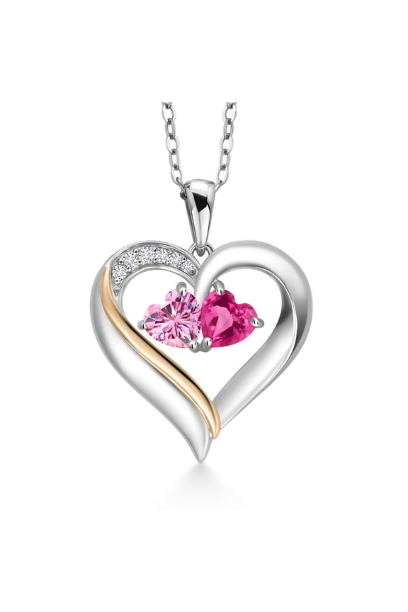 925 Silver and 10K Yellow Gold Heart Shape Lab Grown Diamond Pendant Necklace for Women with Pink Moissanite and Pink Created Sapphire (1.13 Cttw, Double Heart, 18 inch Chain)