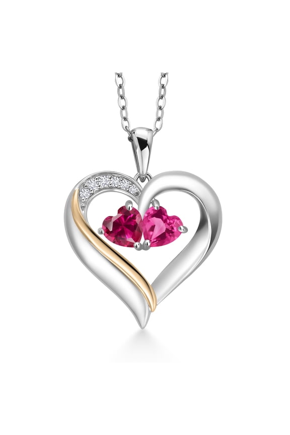 925 Silver and 10K Yellow Gold Heart Shape Lab Grown Diamond Pendant Necklace for Women with Red Created Ruby and Pink Created Sapphire (1.23 Cttw, Double Heart, 18 inch Chain)