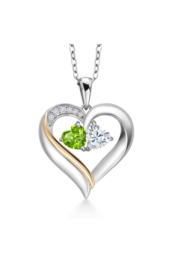 925 Silver and 10K Yellow Gold Heart Shape Name Engraved Pendant Necklace for Women with Green Peridot White Moissanite and Lab Grown Diamond (1.03 Cttw, Double Heart, 18 inch Chain)