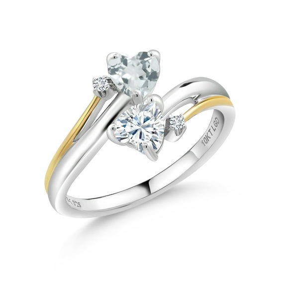 Gem Stone King 925 Silver and 10K Yellow Gold Heart Shape Sky Blue Aquamarine and White Moissanite Ring for Women (0.86 Cttw, Gemstone Birthstone, Available in Size 5, 6, 7, 8, 9)