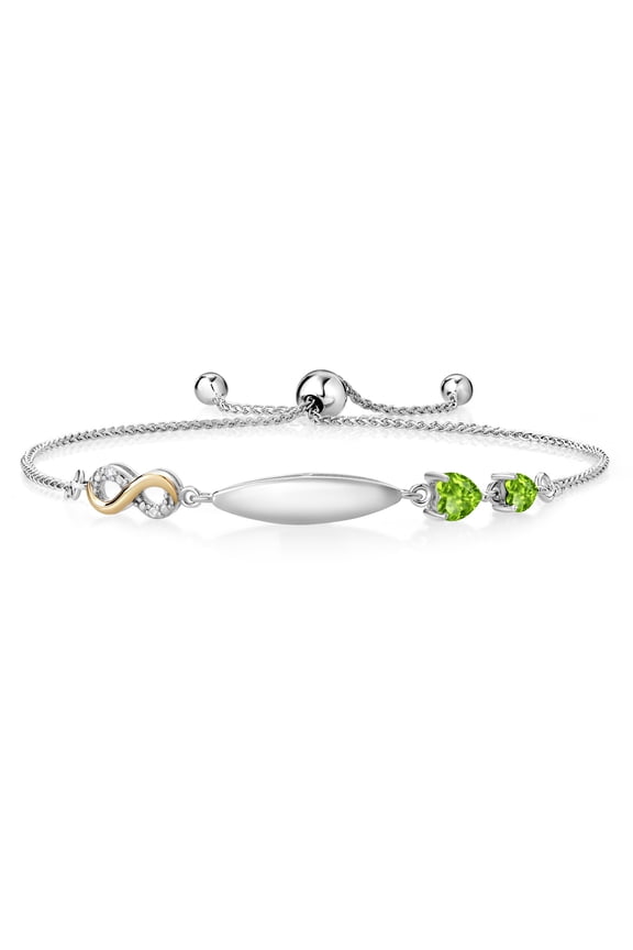 925 Silver and 10K Yellow Gold Infinity Lab Grown Diamond Engraved Initial ID Tennis Bracelet for Women Heart Shape Green Peridot (0.82 cttw, Fully Adjustable up to 9 inch)