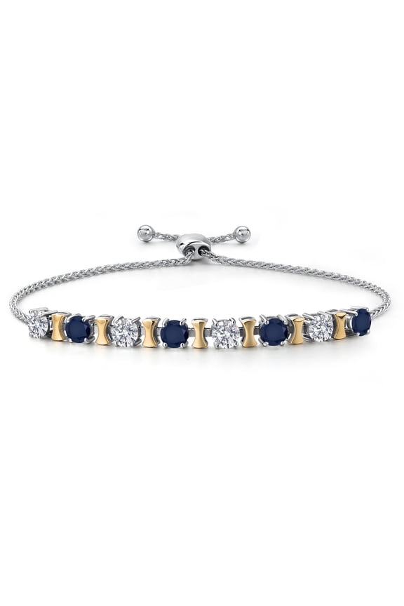 925 Silver and 10K Yellow Gold Lab Grown Diamond and Blue Sapphire Bracelet for Women | 2.48 Cttw | Gemstone April Birthstone | Round 4MM | Adjustable up to 9 inch