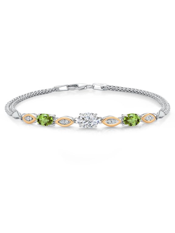 925 Silver and 10K Yellow Gold Lab Grown Diamond and Green Peridot Bracelet for Women | 1.78 Cttw | Center Diamond 0.70 Ct | DEF Color | VVS-VS Clarity | Wheat Chain | 7 inches