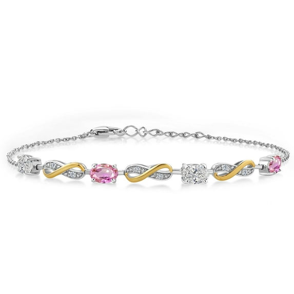 Gem Stone King 925 Silver and 10K Yellow Gold Lab Grown Diamond and Pink Sapphire Bracelet for Women | 2.05 Cttw | Gemstone April Birthstone | Oval 6X4MM | Fully Adjustable 9 inch