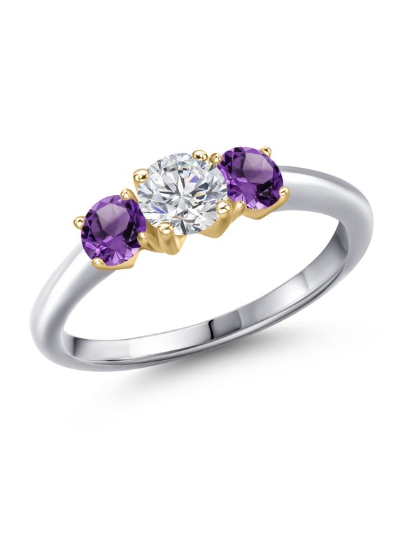 925 Silver and 10K Yellow Gold Lab Grown Diamond and Purple Amethyst Engagement Ring for Women | 1.00 Cttw | Round 5MM | Gemstone April Birthstone | Size 8