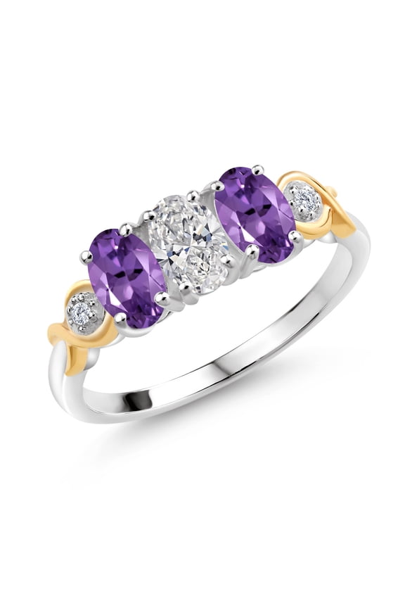 925 Silver and 10K Yellow Gold Lab Grown Diamond and Purple Amethyst Engagement Ring for Women | 1.32 Cttw | Oval 6X4MM | Gemstone April Birthstone | Size 7