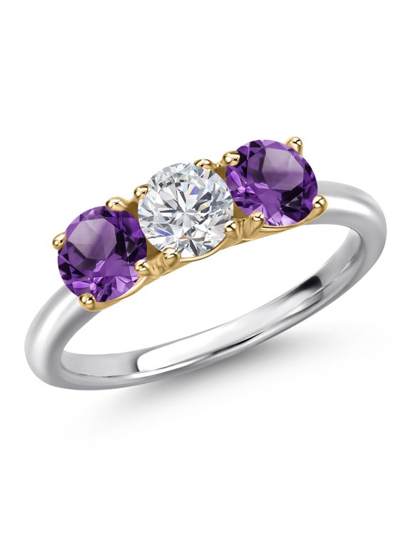 925 Silver and 10K Yellow Gold Lab Grown Diamond and Purple Amethyst Engagement Ring for Women | 1.45 Cttw | Round 5MM | Gemstone April Birthstone | Size 9