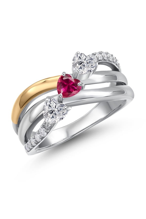 925 Silver and 10K Yellow Gold Lab Grown Diamond and Red Created Ruby and Lab Grown Diamond Engagement Ring for Women | 0.97 Cttw | Heart Shape Gemstone April Birthstone | Size 5