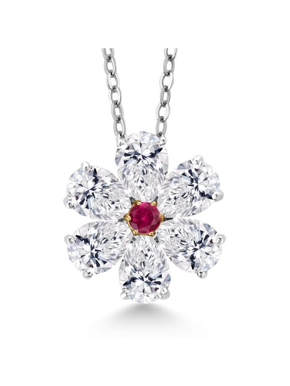 925 Silver and 10K Yellow Gold Lab Grown Diamond and Red Created Ruby Pendant Necklace for Women | 2.16 Cttw | Gemstone April Birthstone | Pear Shape 6X4MM | With 18 inch Chain