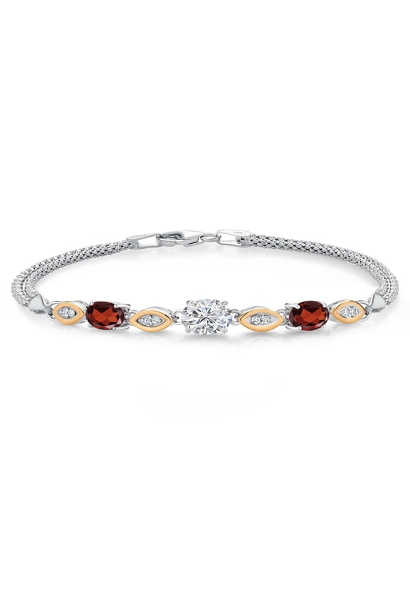 925 Silver and 10K Yellow Gold Lab Grown Diamond and Red Garnet Bracelet for Women | 1.92 Cttw | Center Diamond 0.70 Ct | DEF Color | VVS-VS Clarity | Wheat Chain | 6.5 inches