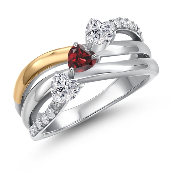 Gem Stone King 925 Silver and 10K Yellow Gold Lab Grown Diamond and Red Garnet and Lab Grown Diamond Engagement Ring for Women | 1.00 Cttw | Heart Shape Gemstone April Birthstone | Size 9
