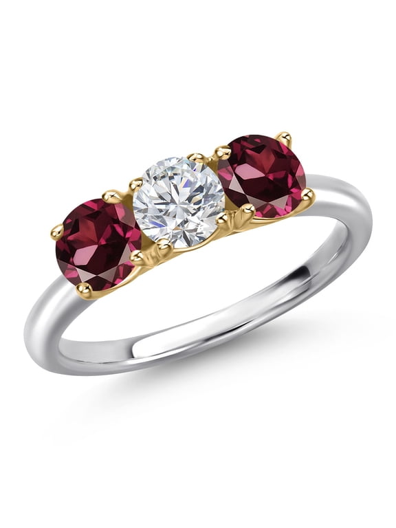 925 Silver and 10K Yellow Gold Lab Grown Diamond and Red Rhodolite Garnet Engagement Ring for Women | 1.70 Cttw | Round 5MM | Gemstone April Birthstone | Size 8