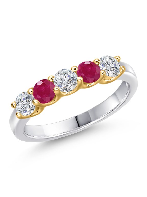 925 Silver and 10K Yellow Gold Lab Grown Diamond and Red Ruby Wedding-Bands Ring for Women | 1.01 Cttw | Round 3.5MM | Gemstone April Birthstone | Size 9