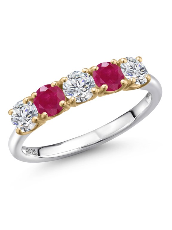 925 Silver and 10K Yellow Gold Lab Grown Diamond and Red Ruby Wedding-Bands Ring for Women | 1.51 Cttw | Round 4MM | Gemstone April Birthstone | Size 8