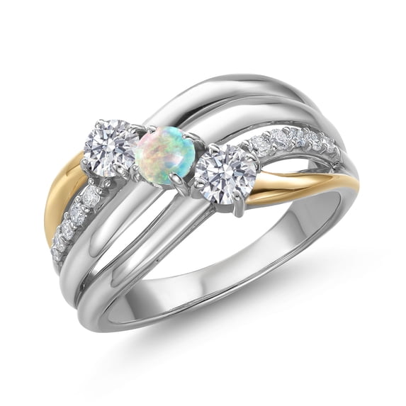 Gem Stone King 925 Silver and 10K Yellow Gold Lab Grown Diamond and Simulated White Opal and Lab Grown Diamond Engagement Ring for Women | 0.94 Cttw | Round 4MM | April Birthstone | Size 5