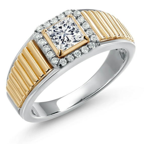 Gem Stone King 925 Silver and 10K Yellow Gold Lab Grown Diamond Statement Ring for Men | 0.88 Cttw | Princess 5MM | DEF Color | VVS-VS Clarity | Available in Size 7,8,9,10,11,12,13