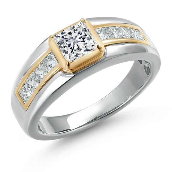 Gem Stone King 925 Silver and 10K Yellow Gold Lab Grown Diamond Statement Ring for Men | 1.17 Cttw | Princess 5MM | DEF Color | VVS-VS Clarity | Available in Size 7,8,9,10,11,12,13