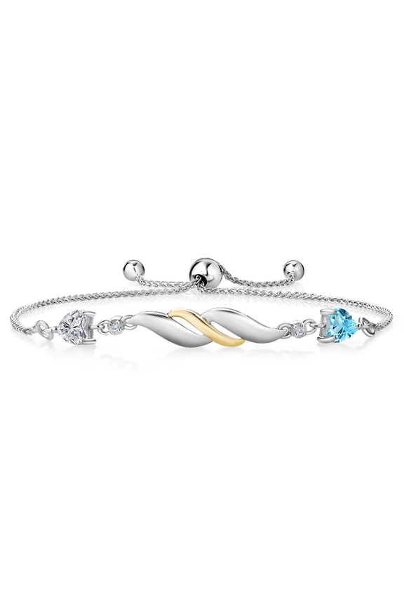 925 Silver and 10K Yellow Gold Lab Grown Diamond and Swiss Blue Topaz Bracelet for Women | 1.01 Cttw | Gemstone April Birthstone | Heart Shape 5MM