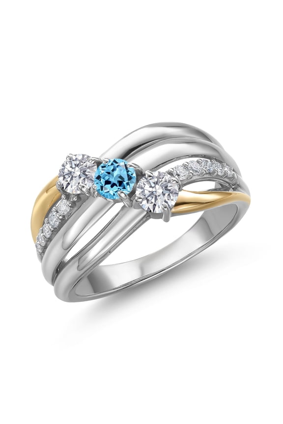 925 Silver and 10K Yellow Gold Lab Grown Diamond and Swiss Blue Topaz and Lab Grown Diamond Engagement Ring for Women | 1.05 Cttw | Round 4MM | April Birthstone | Size 5